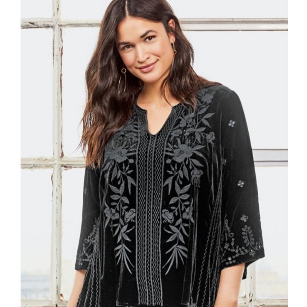 Johnny Was Silk Blend Adele Velvet Flutter Embroidered Eyelet Boho Top